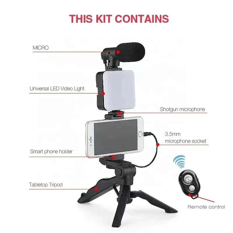trípode, soporte para teléfono, mini micrófono, luz LED de relleno, para TikTok, transmisión en vivo, vídeo y YouTube.