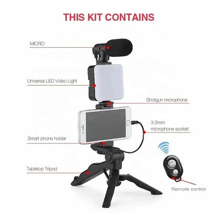 trípode, soporte para teléfono, mini micrófono, luz LED de relleno, para TikTok, transmisión en vivo, vídeo y YouTube.