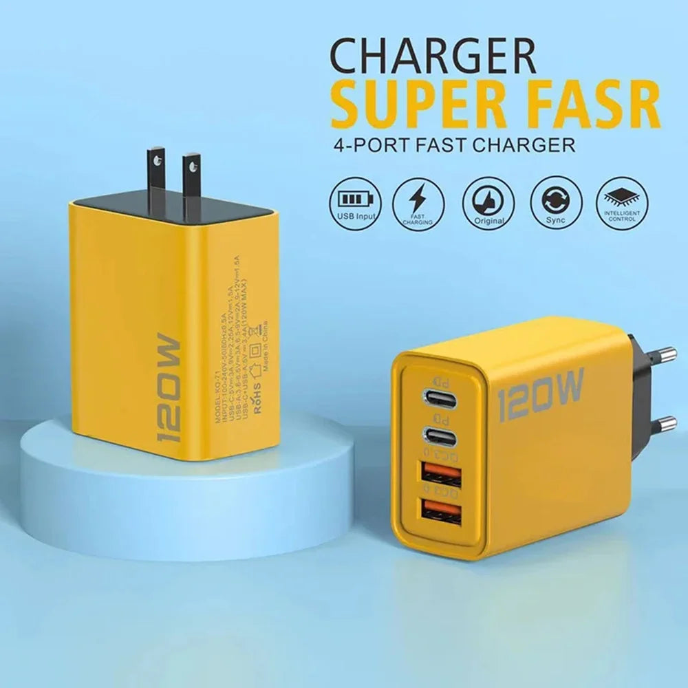 Cargador USB PD de 120 W, adaptador de teléfono móvil tipo C de carga rápida para iPhone 15 Pro, Samsung Quick Charge 3.0, cargador de pared con enchufe UE/EE. UU.