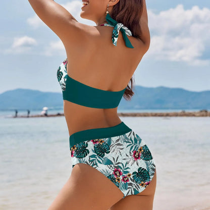 Bikini de playa con estampado floral y bloques de color para mujer, traje de baño de cintura alta de dos piezas para adolescentes