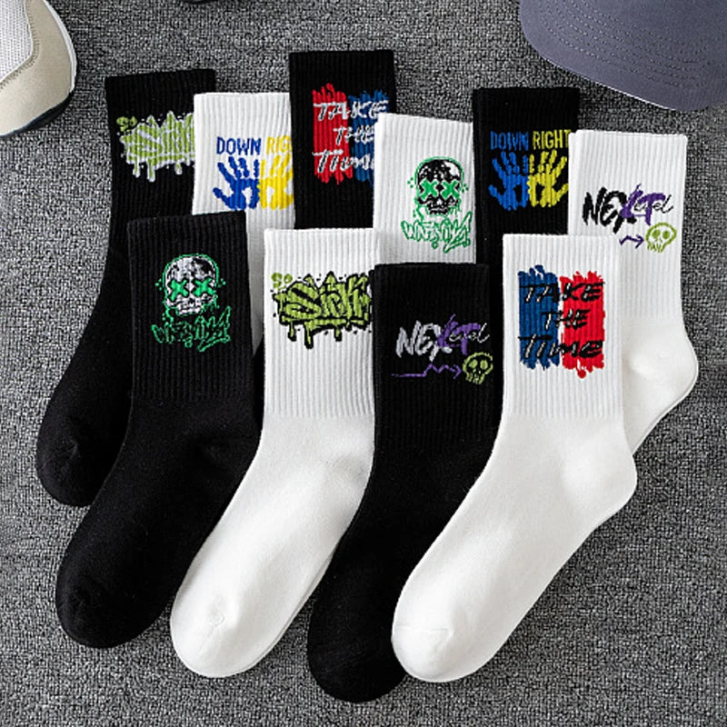 10 piezas calcetines deportivos de alta calidad para parejas a la moda con patrones de grafiti calcetines suaves y cómodos de gran tamaño para hombres