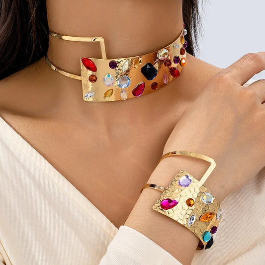 Conjunto de joyería con collar y pulsera geométrica hecha a mano con cristales de color dorado y gran apertura de moda para mujer