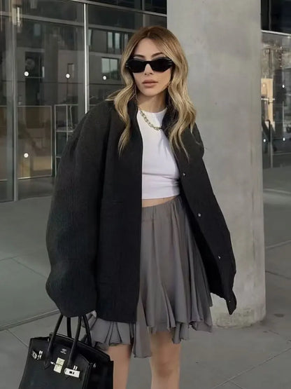 Chaqueta Bomber de gran tamaño con bolsillos para mujer, abrigo Vintage de manga larga con botón a presión, prendas de vestir exteriores para mujer, Tops elegantes
