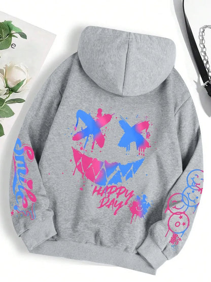 sudadera unisex con capucha transpirable y cómoda con estampado de cara sonriente personalizada de otoño para hombre, sudadera con capucha de moda urbana para exteriores