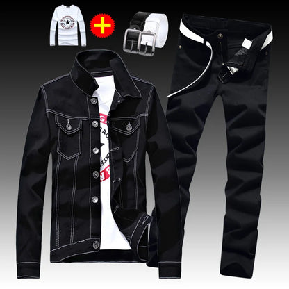 Conjunto de 4 piezas de chaqueta vaquera de estilo hip hop para hombre, abrigo de botonadura sencilla con agujeros, pantalones vaqueros con camisa y cinturón, para primavera y otoño