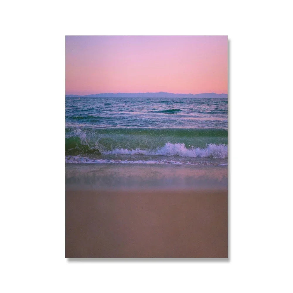 Pintura en lienzo para pared, arte nórdico, puesta de sol, arena, mar, playa, ondas, océano, Palma, póster, imagen Modular de paisaje marino para decoración para sala de estar