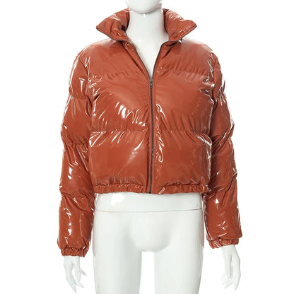Veste, Hiver Y2K Col Roulé Fermeture Éclair Manches Longues Brillant Pu Épais Cardigan Manteau Femmes Neige Chaud Mince Décontracté Streetwear Automne