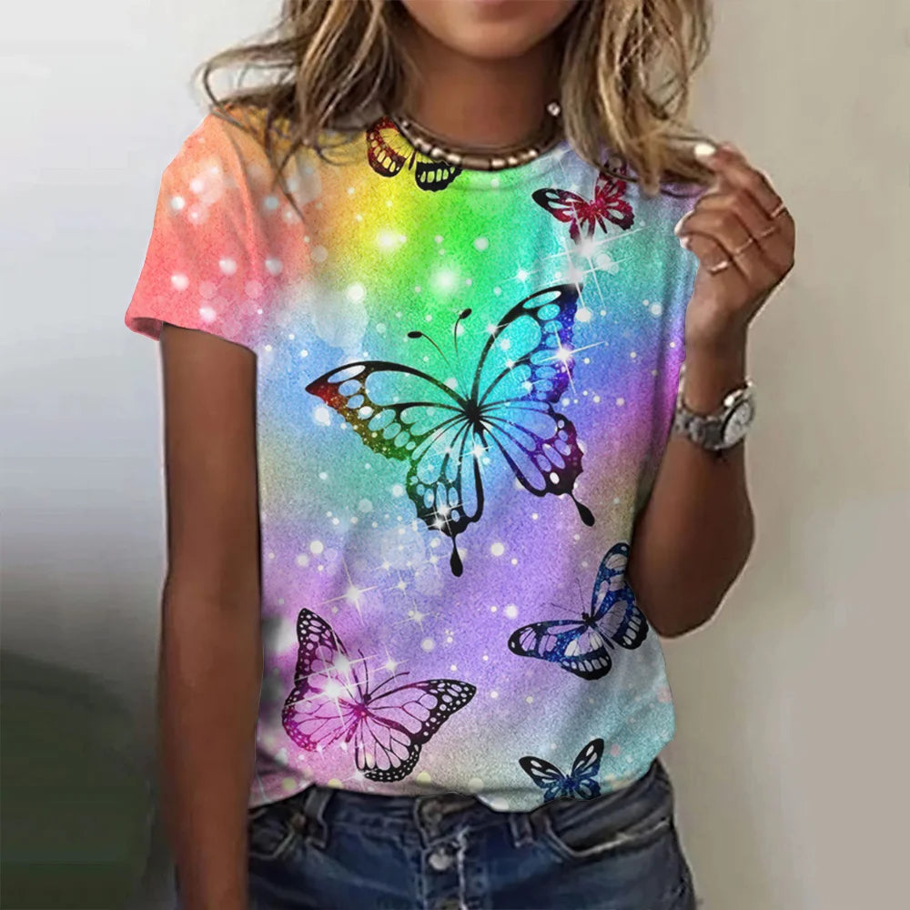 Camiseta con estampado de mariposa 3D y cuello redondo para mujer, camisetas de manga corta de verano a la moda, top de verano de gran tamaño, ropa femenina, novedad de 2024