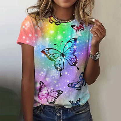 Camiseta con estampado de mariposa 3D y cuello redondo para mujer, camisetas de manga corta de verano a la moda, top de verano de gran tamaño, ropa femenina, novedad de 2024