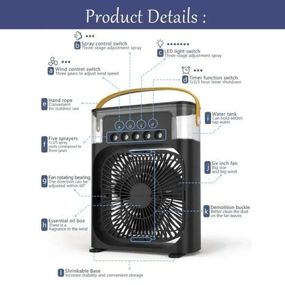 Ventilador eléctrico con nebulizador de agua, humidificador de aire, luz nocturna LED, adecuado para familias, aire acondicionado portátil, triple enfriador, refrigeración para el hogar.