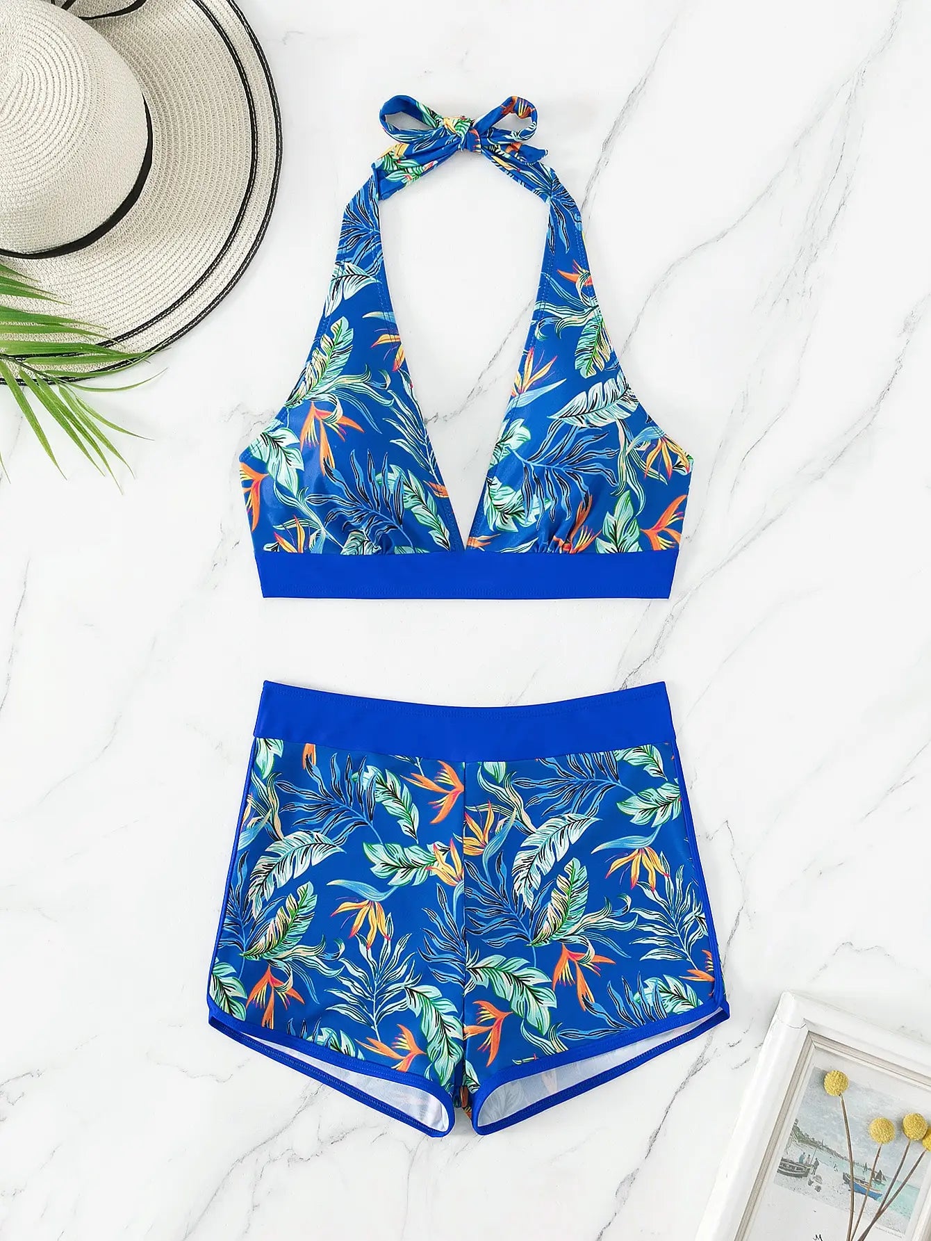 Conjunto de bikini estilo halter 2025, traje de baño corto de cintura alta para mujer, bañador estampado para mujer, traje de baño para playa