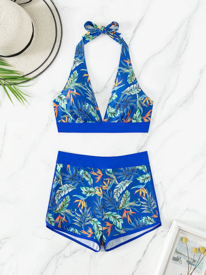 Conjunto de bikini estilo halter 2025, traje de baño corto de cintura alta para mujer, bañador estampado para mujer, traje de baño para playa