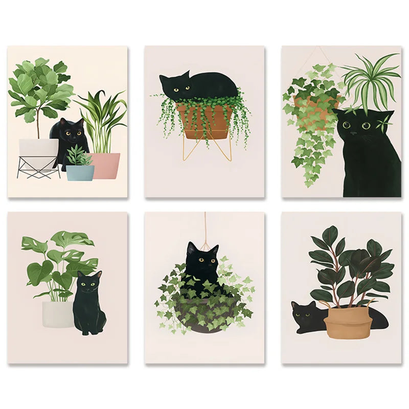 Impresiones artísticas de pared botánicas de gato negro, hojas verdes, plantas, póster bohemio, pinturas decorativas, decoración del hogar para dormitorio y sala de estar