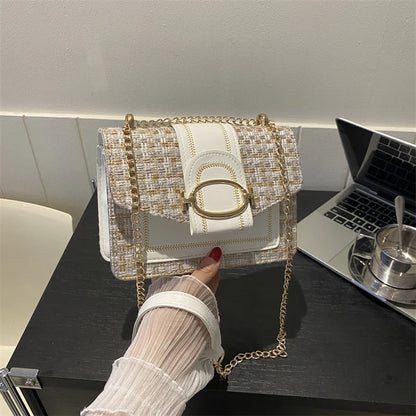 Bolso de hombro con cadena de metal a cuadros, con hebilla de candado para mujer, bandolera cuadrada pequeña para mujer