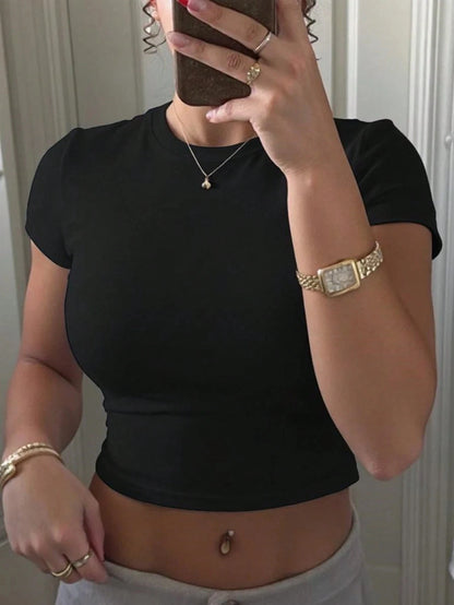 Camiseta corta ajustada de manga corta informal y a la moda para mujer