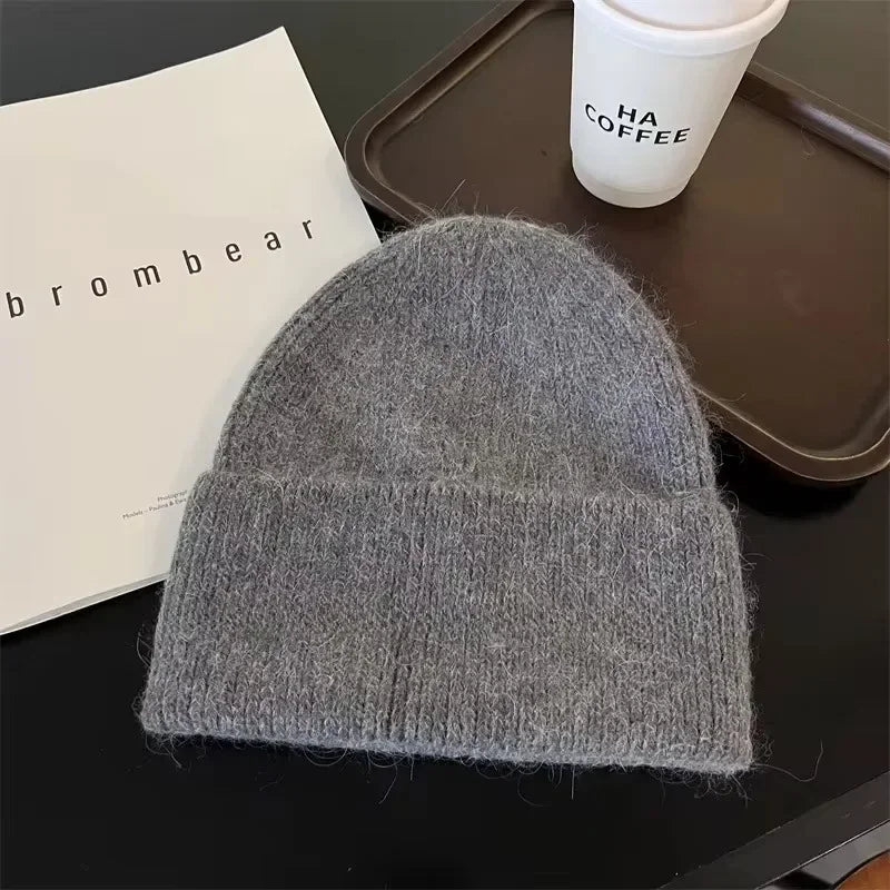 Gorro de punto de Angora para mujer, gorros de punto esponjosos de piel de conejo, gorro de lujo de Corea para mujer