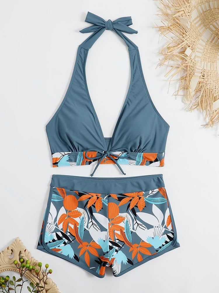 Conjunto de bikini estilo halter 2025, traje de baño corto de cintura alta para mujer, bañador estampado para mujer, traje de baño para playa