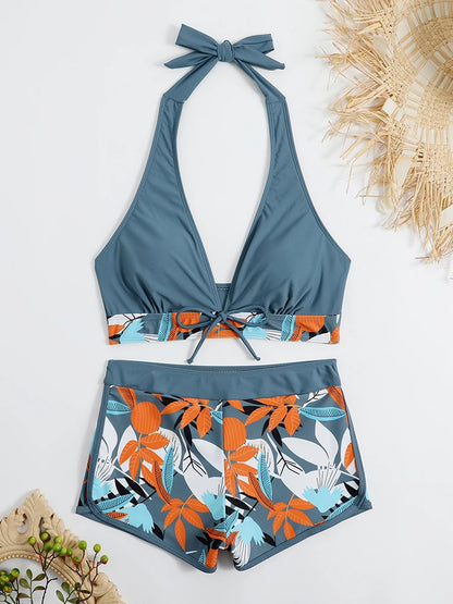 Conjunto de bikini estilo halter 2025, traje de baño corto de cintura alta para mujer, bañador estampado para mujer, traje de baño para playa