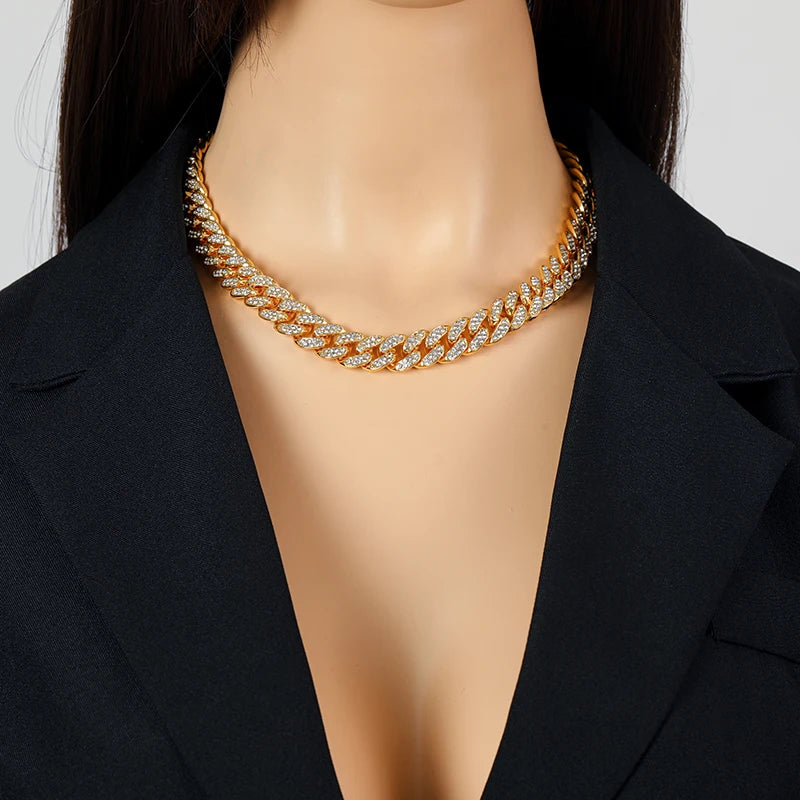 Ensemble collier et bracelet en chaîne cubaine épaisse plaquée or 18 carats de style punk pour hommes et femmes 