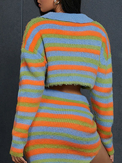 Jersey, mini chaqueta de punto a rayas con cremallera y solapa para mujer, cárdigan corto y sexy con abertura