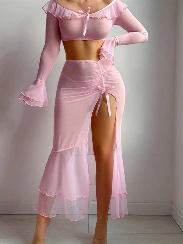 Conjunto de lencería de 3 piezas para mujer, trajes de malla con lazo y hombros descubiertos, manga larga acampanada, falda dividida alta, tanga