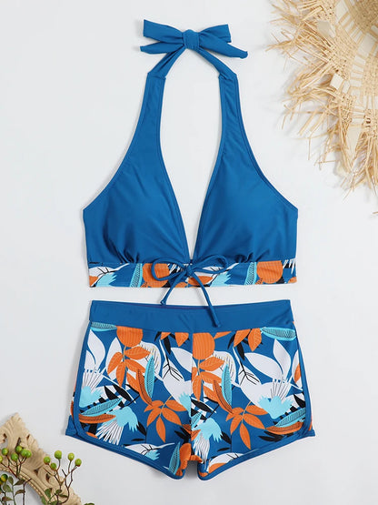 Conjunto de bikini estilo halter 2025, traje de baño corto de cintura alta para mujer, bañador estampado para mujer, traje de baño para playa