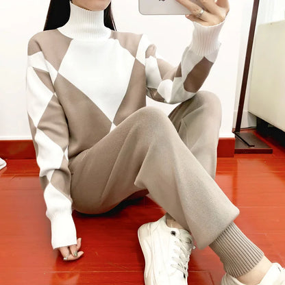 Women's Sweater Sets Autumn Winter Fashion Thick Soft Knitted Tracksuit Sets Pullovers Long Pants Casual 2 Piece Sweatsuit