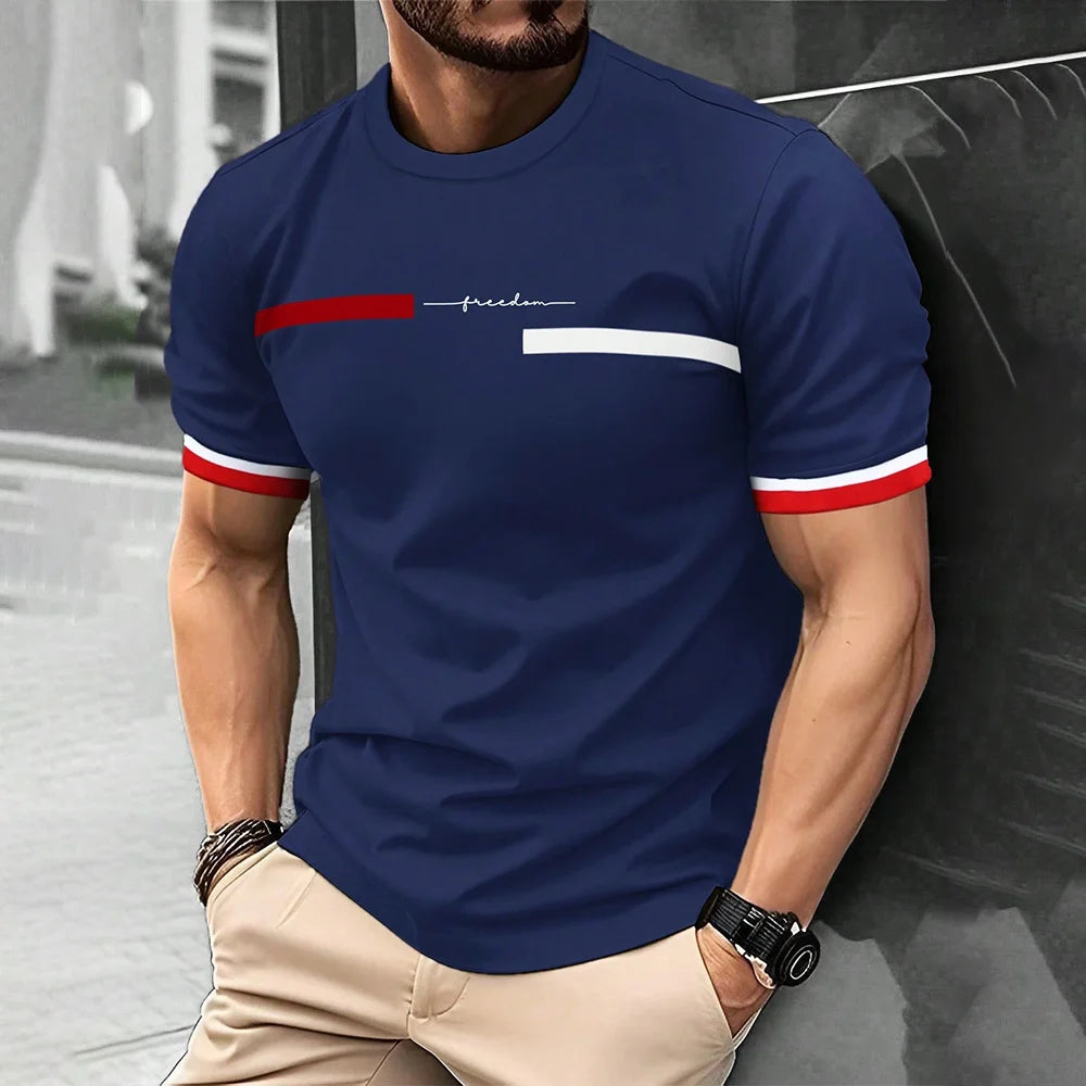 Camiseta de moda de verano con estampado de letras y rayas 3D para hombre, estilo hip hop, estilo Harajuku, informal, de cuello redondo, de gran tamaño