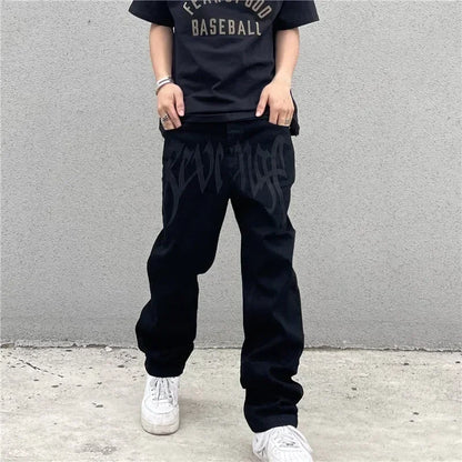 Nuevos pantalones vaqueros holgados negros  para hombre, ropa de calle con letras bordadas retro americanas