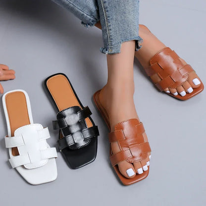 Sandales plates de créateur pour femmes, chaussures tissées décontractées à semelle