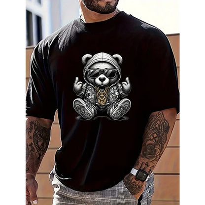 Camiseta de verano para hombre, informal, de cuello redondo, con estampado de oso de dibujos animados, de manga corta, moderna y cómoda.