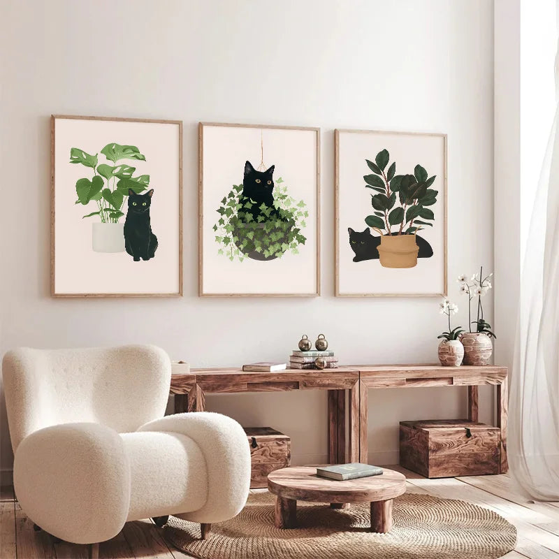 Impresiones artísticas de pared botánicas de gato negro, hojas verdes, plantas, póster bohemio, pinturas decorativas, decoración del hogar para dormitorio y sala de estar