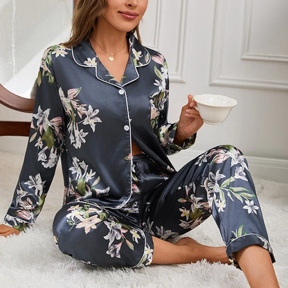 Pijama de satén para mujer, ropa de dormir informal para el hogar, traje de otoño de manga larga con botones, Top y pantalones, ropa