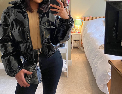 Veste, Hiver Y2K Col Roulé Fermeture Éclair Manches Longues Brillant Pu Épais Cardigan Manteau Femmes Neige Chaud Mince Décontracté Streetwear Automne