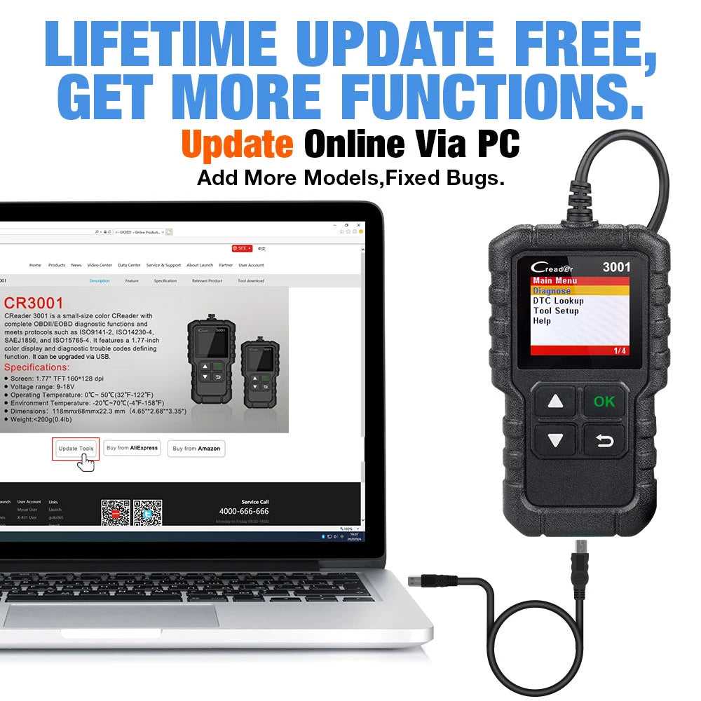 LAUNCH X431 CR3001 Full OBD2 Scanner Car Diagnostic Tool Multilingual Engine Check Free Update PK KW850