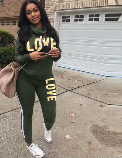 Conjunto de 2 piezas para mujer, sudadera con capucha de cuello alto con estampado de letras de amor, pantalones, chándal, ropa de calle de talla grande