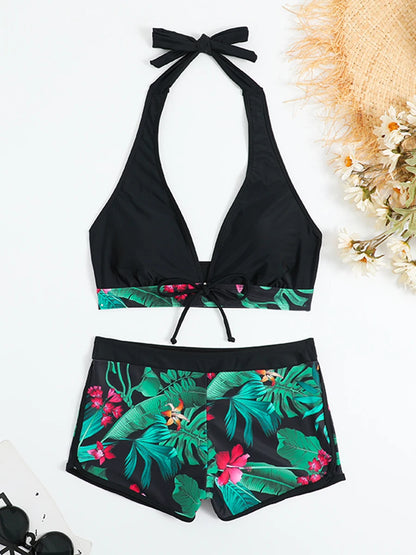 Conjunto de bikini estilo halter 2025, traje de baño corto de cintura alta para mujer, bañador estampado para mujer, traje de baño para playa