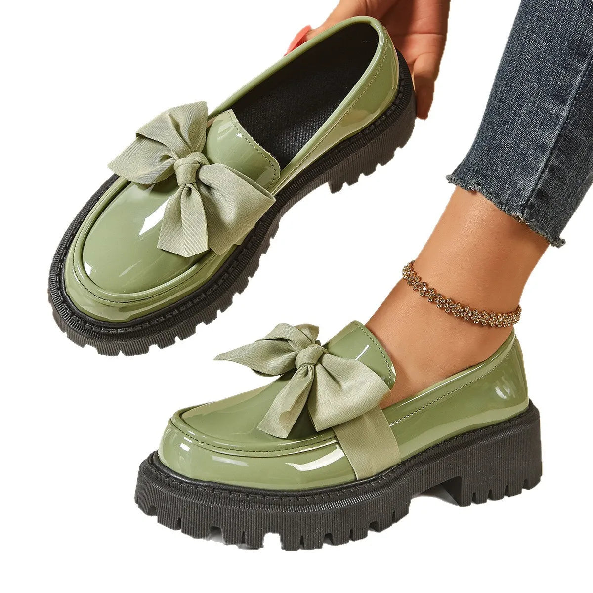 Zapatos planos con nudo de mariposa para mujer, tacón medio, parte inferior gruesa