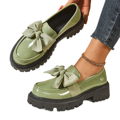 Zapatos planos con nudo de mariposa para mujer, tacón medio, parte inferior gruesa