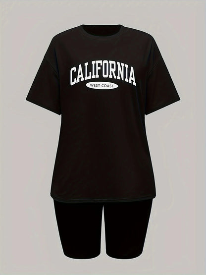 Conjunto de dos piezas de camiseta y pantalones cortos de manga corta con cuello redondo y estampado de letras  para mujer, estilo informal, holgado y de verano