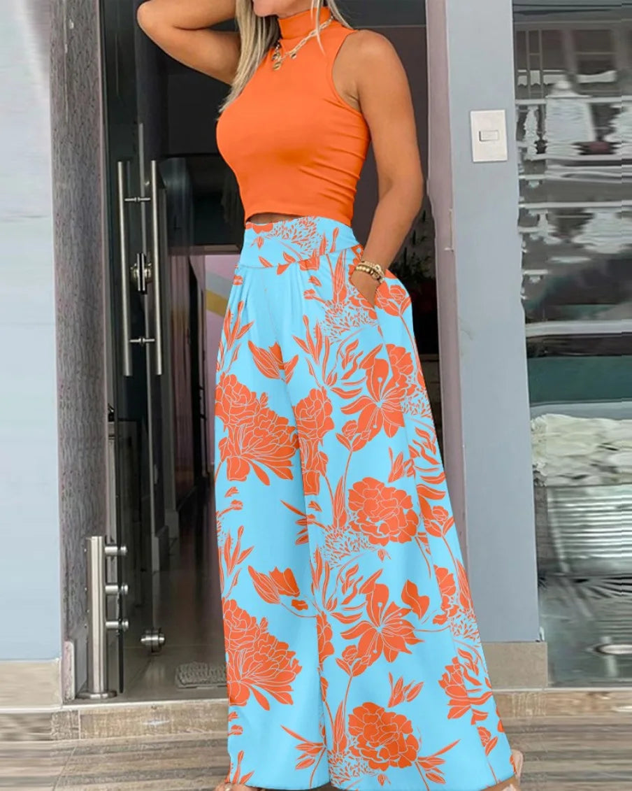 Ropa de verano para mujer. Conjunto de dos piezas con estampado de mujer, camiseta lisa sin mangas y pantalones anchos. Ropa de moda 2024.
