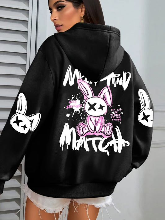 Sudadera con capucha con estampado de conejo de dibujos animados para mujer, ropa informal con bolsillo, Sudadera holgada , ropa femenina de lana que combina con todo