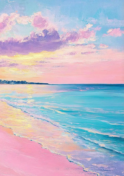 Azul rosa ondas playa atardecer palmeras océano paisaje arte cartel lienzo pintura al óleo Villa dormitorio pared del hogar decoración moderna
