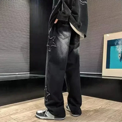 Jean ample pour homme avec broderie étoile, jean extensible à jambe large
