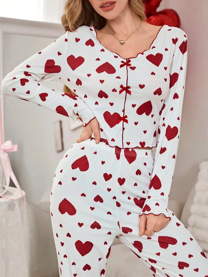 pijamas para mujer ropa de dormir estampado de corazón Tops de manga larga con pantalones largos conjunto de pantalones pijamas