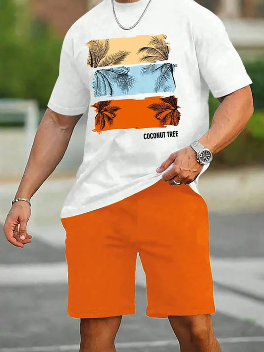 Conjunto de 2 piezas de verano vibrante para hombre, camiseta  elegante e informal para hombre, pantalones cortos de playa para exteriores, estampado , cuello redondo y mangas cortas.