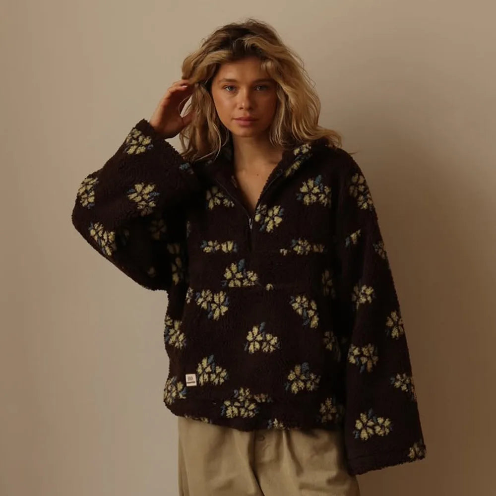 Sudadera de lana floral de moda Sudadera con capucha de manga larga cálida y elegante para mujer Estilo callejero Tela de poliéster Otoño Invierno