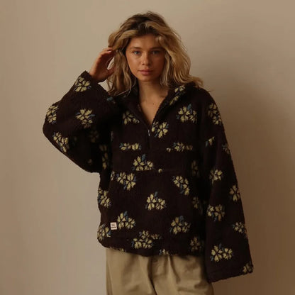 Sudadera de lana floral de moda Sudadera con capucha de manga larga cálida y elegante para mujer Estilo callejero Tela de poliéster Otoño Invierno