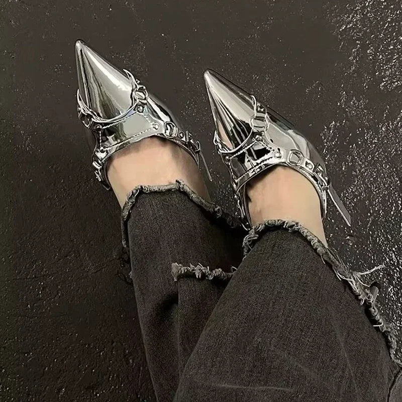 Sandalias de tacón alto plateadas para mujer, zapatos de fiesta Punk Goth con punta estrecha