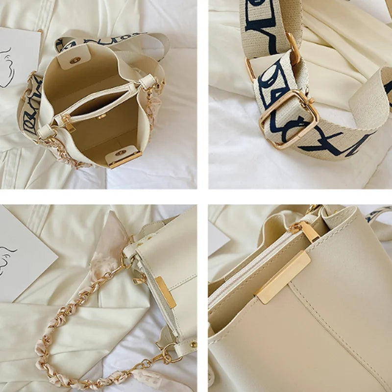 Nuevo bolso de hombro a la moda para mujer, bolso tipo cubo con cadena de cinta de gran capacidad, bolso cruzado para desplazamientos diarios